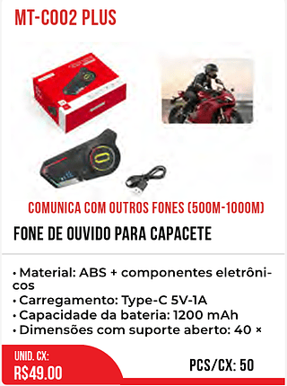 FONE DE OUVIDO PARA CAPACETE 50pç=49$