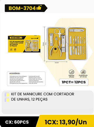 KIT DE MANICURE COM CORTADOR DE UNHAS, 12 PEÇAS CX: 60PCS 1CX: 13,90/Un