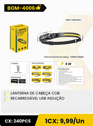 LANTERNA DE CABEÇA COB RECARREGÁVEL USB INDUÇÃO CX: 240PCS ICX: 9,99/Un