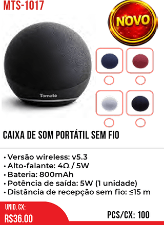 CAIXA DE SOM PORTÁTIL SEM FIO 100pç=36$