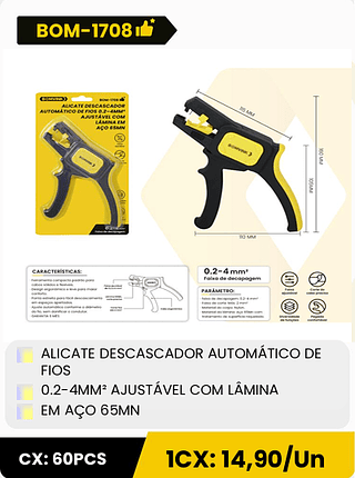 ALICATE DESCASCADOR AUTOMÁTICO DE FIOS 0.2-4MM2 AJUSTÁVEL COM LÂMINA EM AÇO 65MN CX: 60PCS 1CX: 14,90/Un