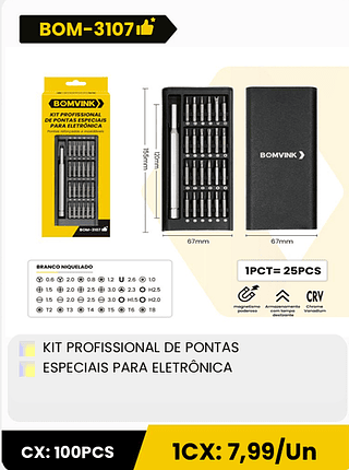 KIT PROFISSIONAL DE PONTAS ESPECIAIS PARA ELETRÔNICA CX: 100PCS ICX: 7,99/Un