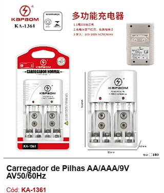Carregador de Pilhas AA/AAA/9V AV50/60Hz R$ 16,2 PCS/CX: 100
