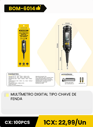 MULTÍMETRO DIGITAL TIPO CHAVE DE FENDA CX: 100PCS ICX: 22,99/Un