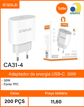 Adaptador de energia USB-C30W Caixa 200 PCS Preco Unitario 11,60