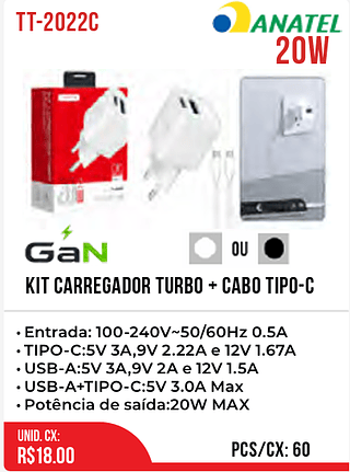 KIT CARREGADOR TURBO + CABO TIPO-C 60pç=18$