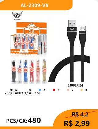 CABO V8 PCS/CX:480 R$ 2,99