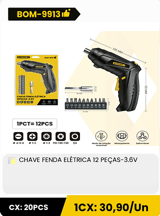 CHAVE FENDA ELÉTRICA 12 PEÇAS-3.6V CX: 20PCS ICX: 30,90/Un