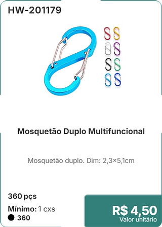 Mosquetão Duplo Multifuncional 360 pçs R$ 4,50