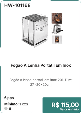 Fogão A Lenha Portátil Em Inox 6 pçs R$ 115,00