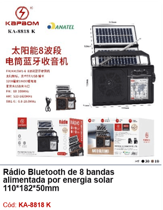 Rádio Bluetooth de 8 bandas alimentada por energia solar 110*182*50mm R$54 PCS/Cx:40