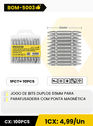 JOGO DE BITS DUPLOS 65MM PARA PARAFUSADEIRA COM PONTA MAGNÉTICA CX: 100PCS 1CX: 4,99/Un