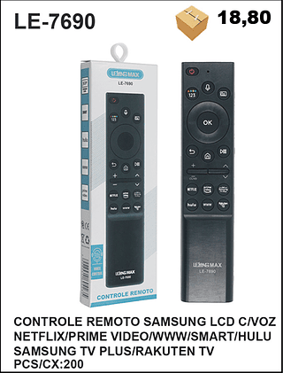 CONTROLE REMOTO SAMSUNG LCD C/VOZ NETFLIX/PRIME VIDEO/WWW/SMART/HULU SAMSUNG TV PLUS/RAKUTEN TV 200PÇ=18,8$