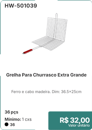 Grelha Para Churrasco Extra Grande 36 pçs R$ 32,00