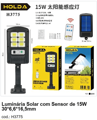 Luminária Solar com Sensor de 15W 30*6,6*16,5mm R$ 18 PC/CX:100