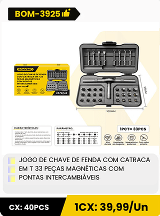 JOGO DE CHAVE DE FENDA COM CATRACA EM T 33 PEÇAS MAGNÉTICAS COM PONTAS INTERCAMBIÁVEIS CX: 40PCS 1CX: 39,99/Un