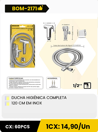 DUCHA HIGIÊNICA COMPLETA 120 CM EM INOX CX: 60PCS 1CX: 14,90/Un