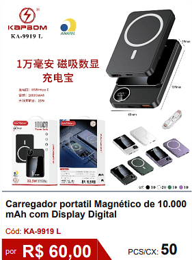 Carregador portatil Magnético de 10.000 mAh com Display Digital R$ 54.00 PCS/CX: 50