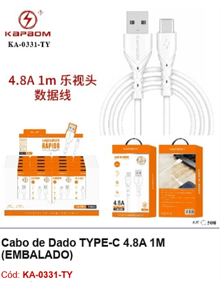 Cabo de Dado TYPE-C 4.8A 1M R$ 2,88 PCS/cx:500
