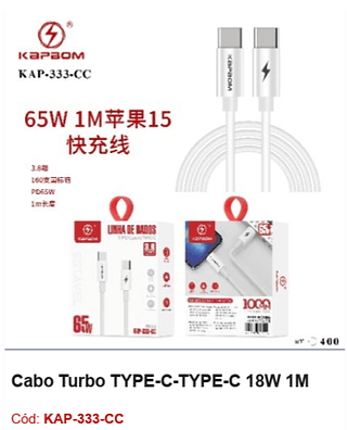 Cabo Turbo TYPE-C-TYPE-C 18W 1M R$4,5 PCS/cx:400
