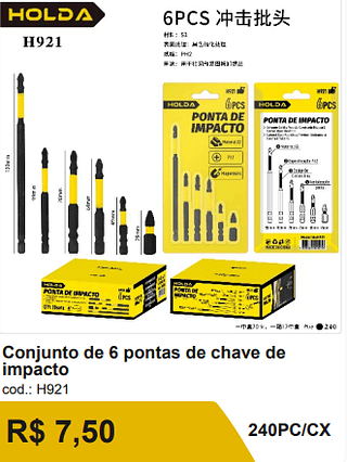 Conjunto de 6 pontas de chave deimpactoR$ 7,50-10%=6.75/ 240PC/CX