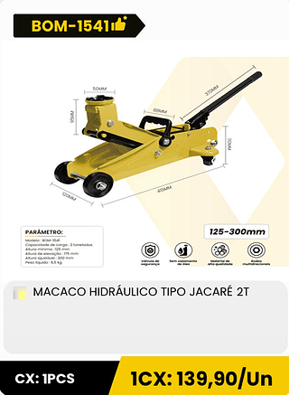 MACACO HIDRÁULICO TIPO JACARÉ 2T CX: 1PCS 1CX: 139,90/Un