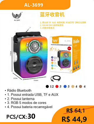 Rádio Bluetooth PCS/CX:30 R$44,9