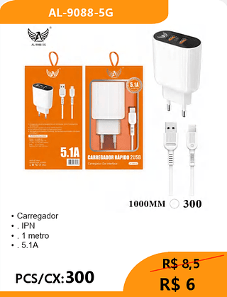 CARREGADOR LIGHTNING PCS/CX:300 R$ 6
