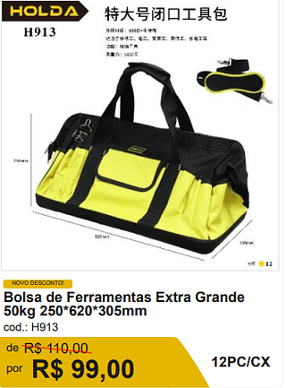 Bolsa de Ferramentas Extra Grande 50kg 250*620*305mm R$ 89.10 12PC/CX