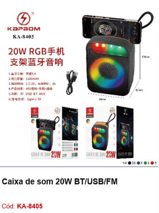 Caixa de som 20W BT/USB/FM R$31,5 PCS/CX:50