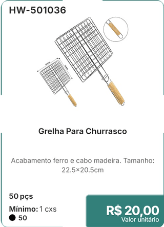 Grelha Para Churrasco 50 pçs R$ 20.00