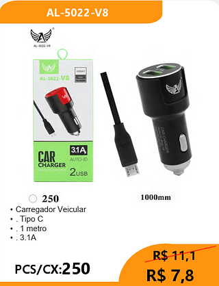 Carregador Veicular TPC PCS/CX:250 R$ 7,8
