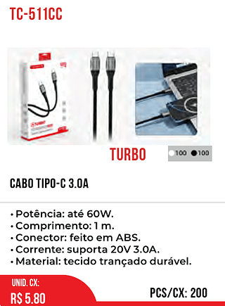 CABO TIPO-C 3.0A 200pç=5,8$