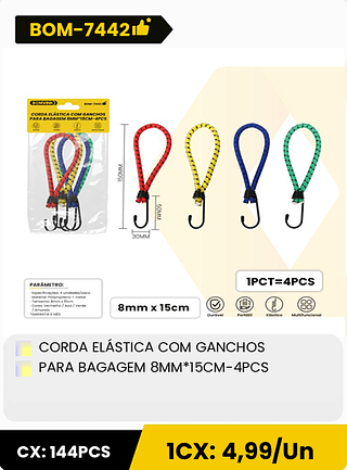 CORDA ELÁSTICA COM GANCHOS PARA BAGAGEM 8MM*15CM-4PCS CX: 144PCS 1CX: 4,99/Un