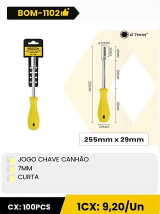 JOGO CHAVE CANHÃO 7MM CURTA CX: 100PCS ICX: 9,20/Un