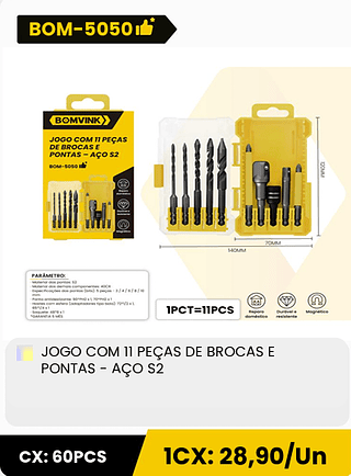 JOGO COM 11 PEÇAS DE BROCAS E PONTAS - AÇO S2 CX: 60PCS 1CX: 28,90/Un