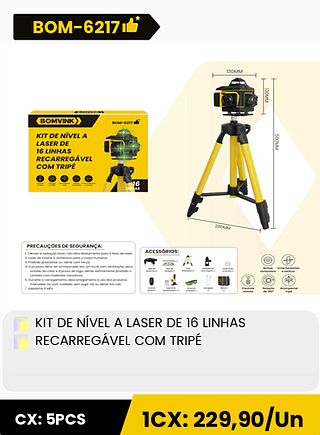 KIT DE NIVEL A LASER DE 16 LINHAS RECARREGÁVEL COM TRIPÉ CX: 5PCS 1CX: 229,90/Un