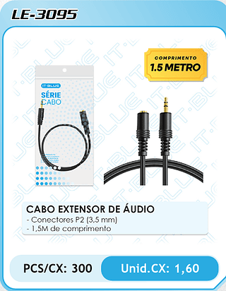 CABO EXTENSOR DE ÁUDIO - Conectores P2 (3,5 mm) - 1,5M de comprimento PCS/CX: 300 Unid.CX: 1,60