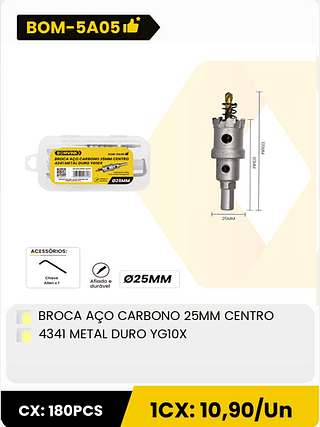 BROCA AÇO CARBONO 25MM CENTRO 4341 METAL DURO YGIOX CX: 180PCS 1CX: 10,90/Un