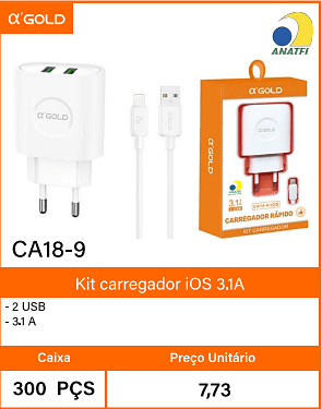 Kit carregador iOS 3.1A - Caixa 300 PCS Preco Unitario 7,73