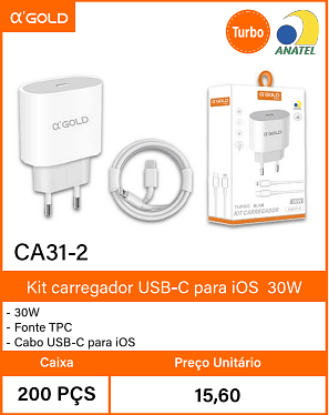 Kit carregador USB-C para iOS30W Caixa 200 PCS Preco Unitario 15,60