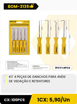 KIT 4 PEÇAS DE GANCHOS PARA ANÉIS DE VEDAÇÃO E RETENTORES CX: 100PCS 1CX: 5,90/Un