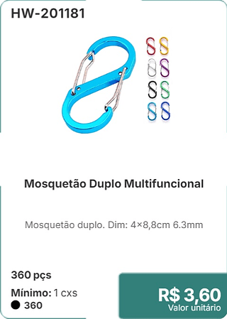 Mosquetão Duplo Multifuncional 360 pçs R$ 3,60