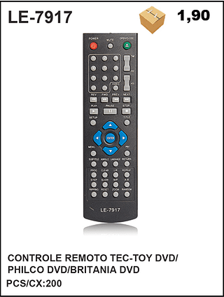CONTROLE REMOTO TEC-TOY DVD/ PHILCO DVD/BRITANIA DVD 200PÇ=1,9$