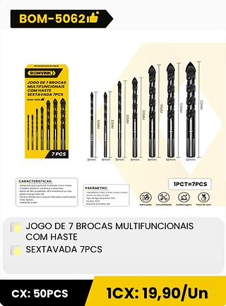 JOGO DE 7 BROCAS MULTIFUNCIONAIS COM HASTE SEXTAVADA 7PCS CX: 50PCS 1CX: 19,90/Un