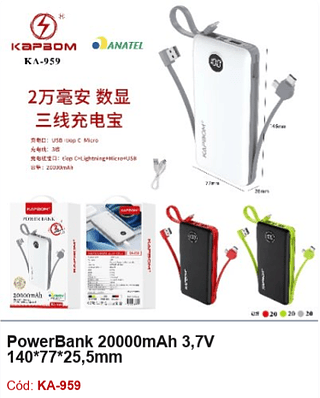 PowerBank 20000mAh R$52,2 PCS/CX: 60