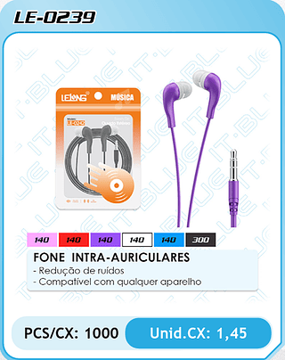 FONE INTRA-AURICULARES - Redução de ruídos - Compatível com qualquer aparelho PCS/CX: 1000 Unid.CX: 1,45