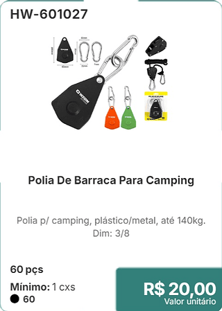Polia De Barraca Para Camping 60 pçs R$ 20,00