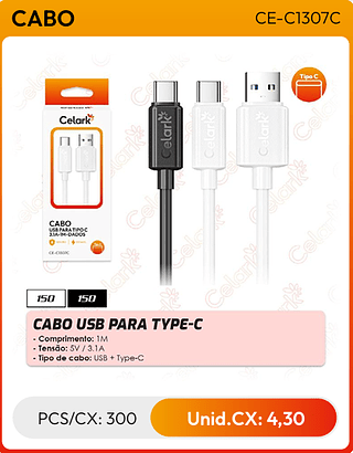 CABO USB PARA TYPE-C PCS/CX: 300 Unid.CX: 4,30