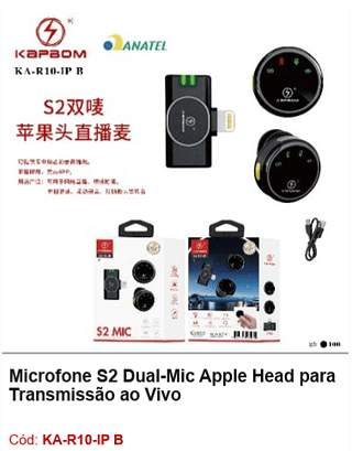 Microfone S2 Dual-Mic Apple Head para Transmissão ao Vivo R$ 29,7 PCS/CX: 100